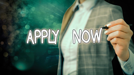 Writing note showing Apply Now. Business concept for An act of a demonstrating to acquire the job...