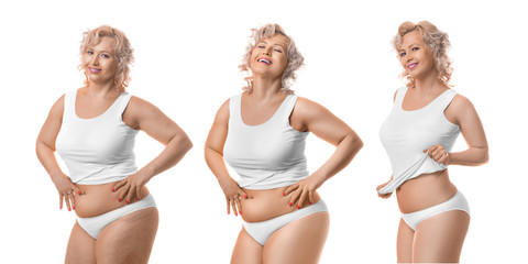 Smiling slimming middle aged model. Process of slimming.