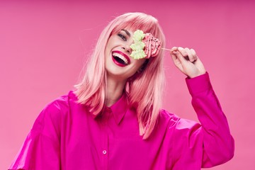 young woman with pink hair