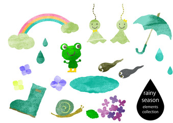 梅雨イラストセット　水彩テクスチャ