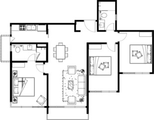 2D CAD layout plan drawing of a house with a three bedroom complete with two bathrooms, kitchen and living room. Drawing produced in black and white. 
