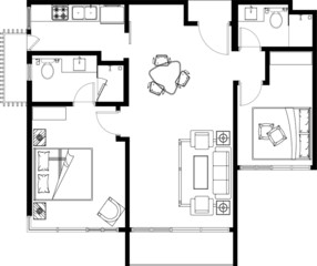 2D CAD layout plan drawing of a house with a double bedroom complete with two bathrooms, kitchen and living room. Drawing produced in black and white. 
