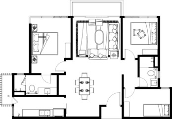 2D CAD layout plan drawing of a house with a three bedroom complete with two bathrooms, kitchen and living room. Drawing produced in black and white. 
