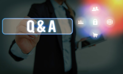 Text sign showing Q And A. Business photo text a period of time or an occasion when someone answers...