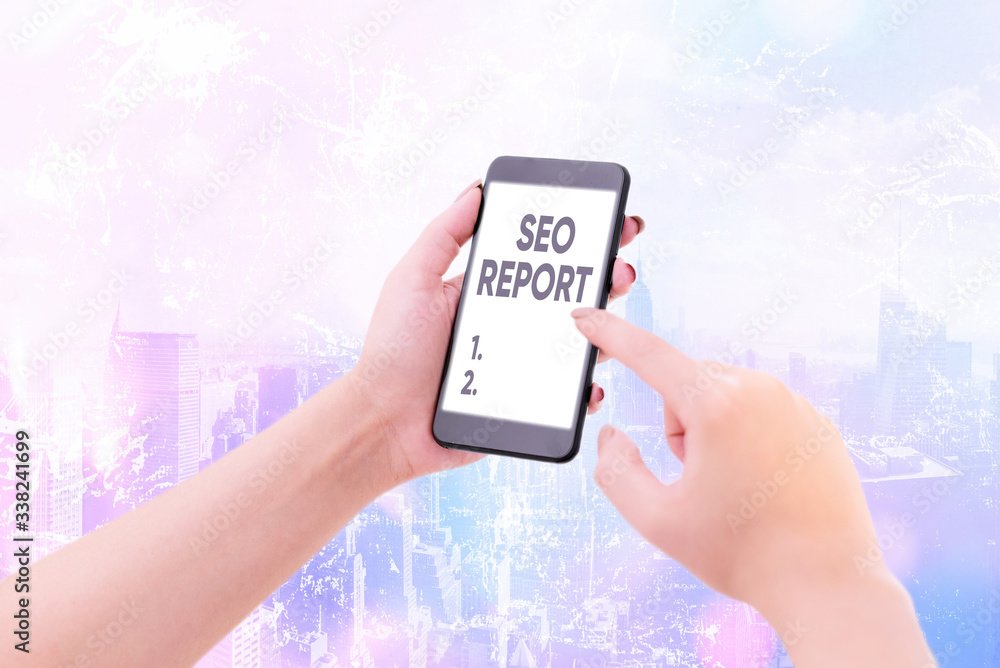 Poster word writing text seo report. business photo showcasing notifying on how website is performing in se