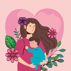 woman pregnant carrying baby boy with flowers decoration vector illustration design