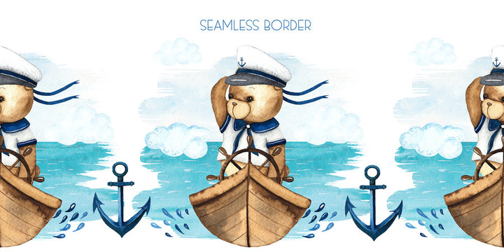 Little Sailor. Watercolor hand painted seamless border with cute Teddy Bears, boat, sailboat, steering wheel, anchor, Seagull, binoculars, fishes, captain's cap, waves, spray