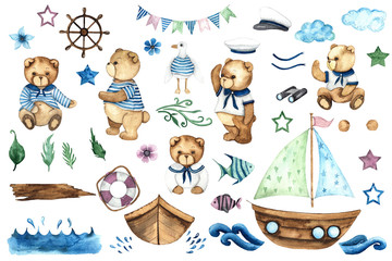 Little Sailor. Watercolor hand painted elements with cute Teddy Bears, boat, sailboat, steering wheel, anchor, Seagull, binoculars, fishes, captain's cap, waves, spray
