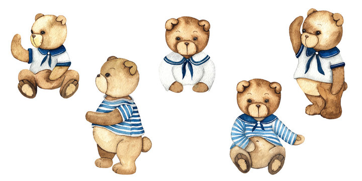 Little Sailor. Watercolor hand painted cute Teddy Bears on white background