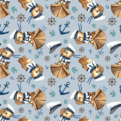 Little Sailor. Watercolor hand painted seamless pattern with cute Teddy Bears, boat, sailboat, steering wheel, anchor, Seagull, binoculars, fishes, captain's cap, waves, spray - 338243607