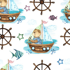Little Sailor. Watercolor hand painted seamless pattern with cute Teddy Bears, boat, sailboat, steering wheel, anchor, Seagull, binoculars, fishes, captain's cap, waves, spray