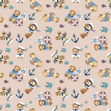 Little Sailor. Watercolor hand painted seamless pattern with cute Teddy Bears, boat, sailboat, steering wheel, anchor, Seagull, binoculars, fishes, captain's cap, waves, spray