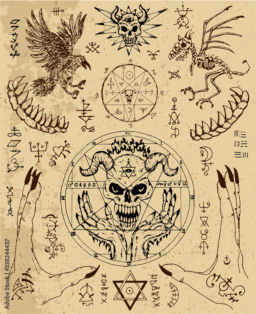 Wall mural Vector design set with magic seals, demon face, hands, crow and skeleton. Esoteric and occult illustration with mystic and gothic symbols. No foreign language, all elements are fantasy.