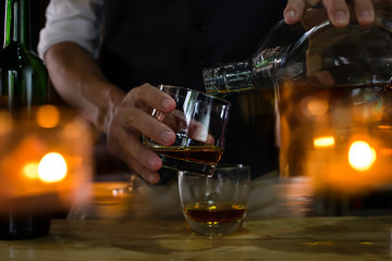 Bartender Serve Whiskey, on wood bar,