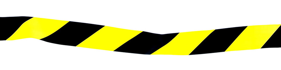 Wide angle background concept for restricted area. Black yellow striped barrier border tape for no entry at zone isolated on white background with copy space
