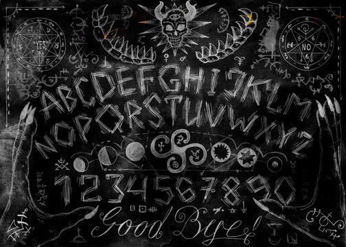 Ouija magic spiritual board design with alphabet letters, hands, pentagram and evil signs.