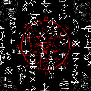 Seamless pattern with red magic seal and alchemy signs on black background. Esoteric and occult illustration with mystic and gothic symbols. No foreign language, all elements are fantasy.