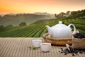 Warm cup of tea with teapot, green tea leaves and dried herbs on the bamboo mat at morning in...