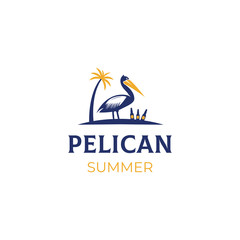 Pelican Summer Wildlife Beer Palm Logo Design Icon Vector