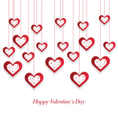 red pattern hanging hearts on white background