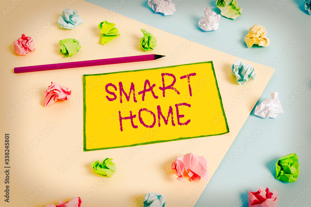 Poster writing note showing smart home. business concept for automation system control lighting climate ent