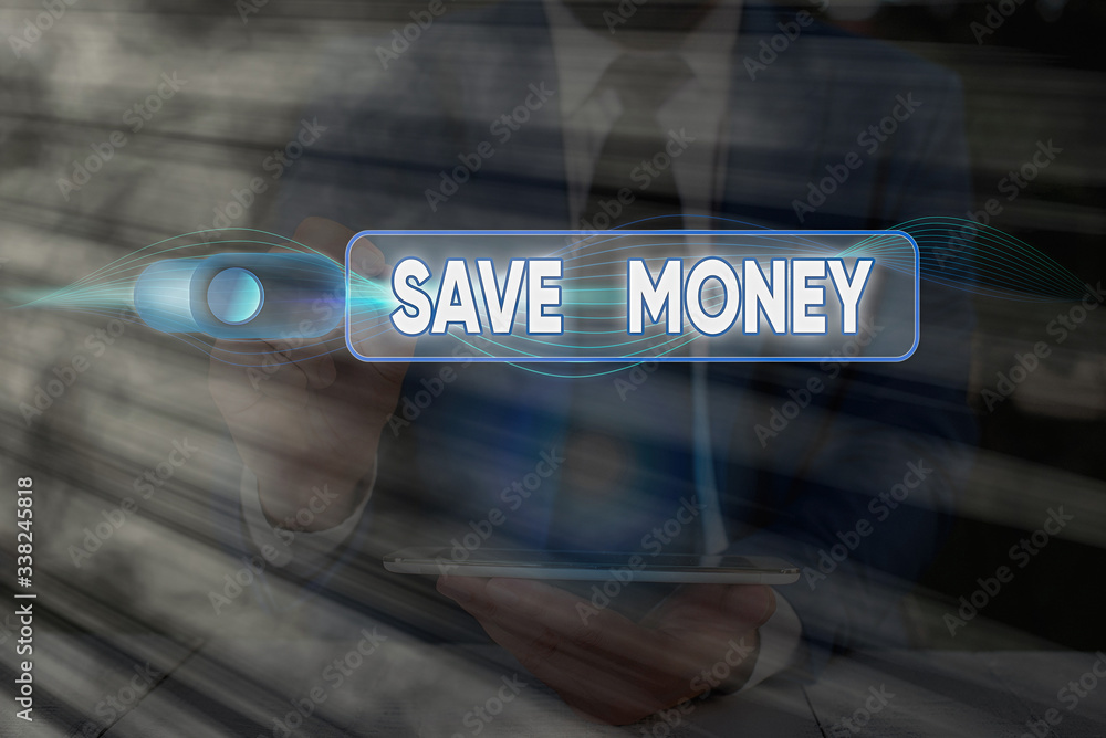 Aufkleber writing note showing save money. business concept for store some of your cash every month to use the
