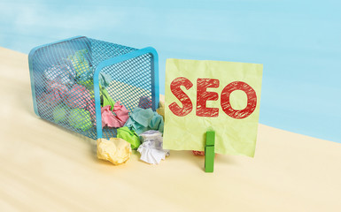 Writing note showing Seo. Business concept for incredibly effective way to market your near...