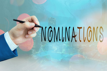 Conceptual hand writing showing Nominations. Concept meaning the act of officially suggesting...