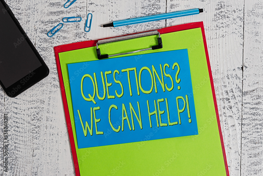Aufkleber writing note showing questionsquestion we can help. business concept for offering help to those who 
