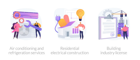 Builder contractor services abstract concept vector illustration set. Air conditioning and refrigeration services, residential electrical construction, building industry license abstract metaphor.