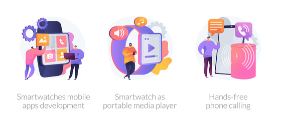 Fototapeta premium Wearable devices abstract concept vector illustration set. Smartwatches mobile apps development, smartwatch as portable media player, hands-free phone calling, voice command calls abstract metaphor.