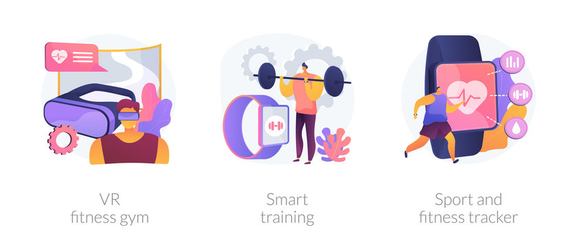 Smart personal training technologies abstract concept vector illustration set. VR fitness gym, smart experience, sport and fitness tracker, fit coaching application, health monitor abstract metaphor.