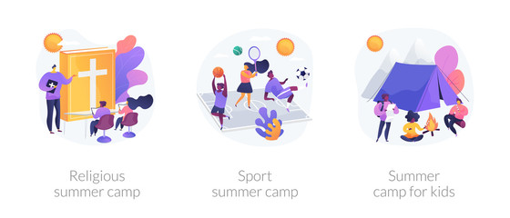 Recreational and educational activities for children metaphors. Religious camp, sport classes, summer camping. Hiking adventure for kids. Vector isolated concept metaphor illustrations.