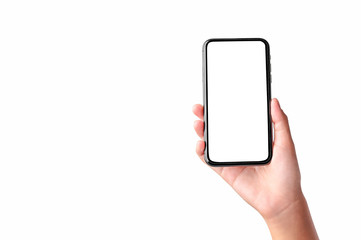 hand holding blank screen mobile phone isolate on white background