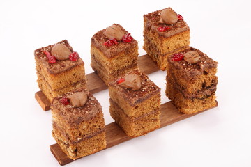 Homemade chocolate cake slices- traditional cuisines background