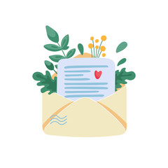Light yellow envelope with paper letter and bouquet of leaves and yellow flowers inside. Red heart drawn on the letter. Flat cartoon vector illustration for romantic or greeting card.