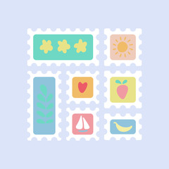 Set of postage stamps for envelopes, letters and postcards, abstract themed with flowers, sun, berry, sailboat, heart and banana. Square and rectangular. Cute flat cartoon vector illustration.