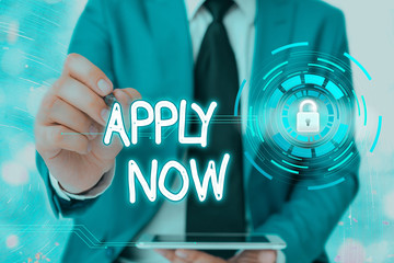 Word writing text Apply Now. Business photo showcasing An act of a demonstrating to acquire the job...