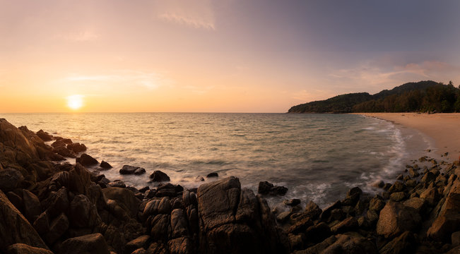 beautiful Nai Thon beach panorama view in while sunset time in the evening, romantic moment