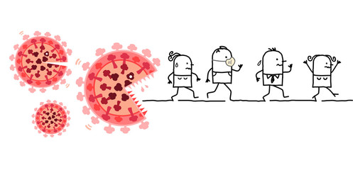 Cartoon people scared and running away from big virus monster