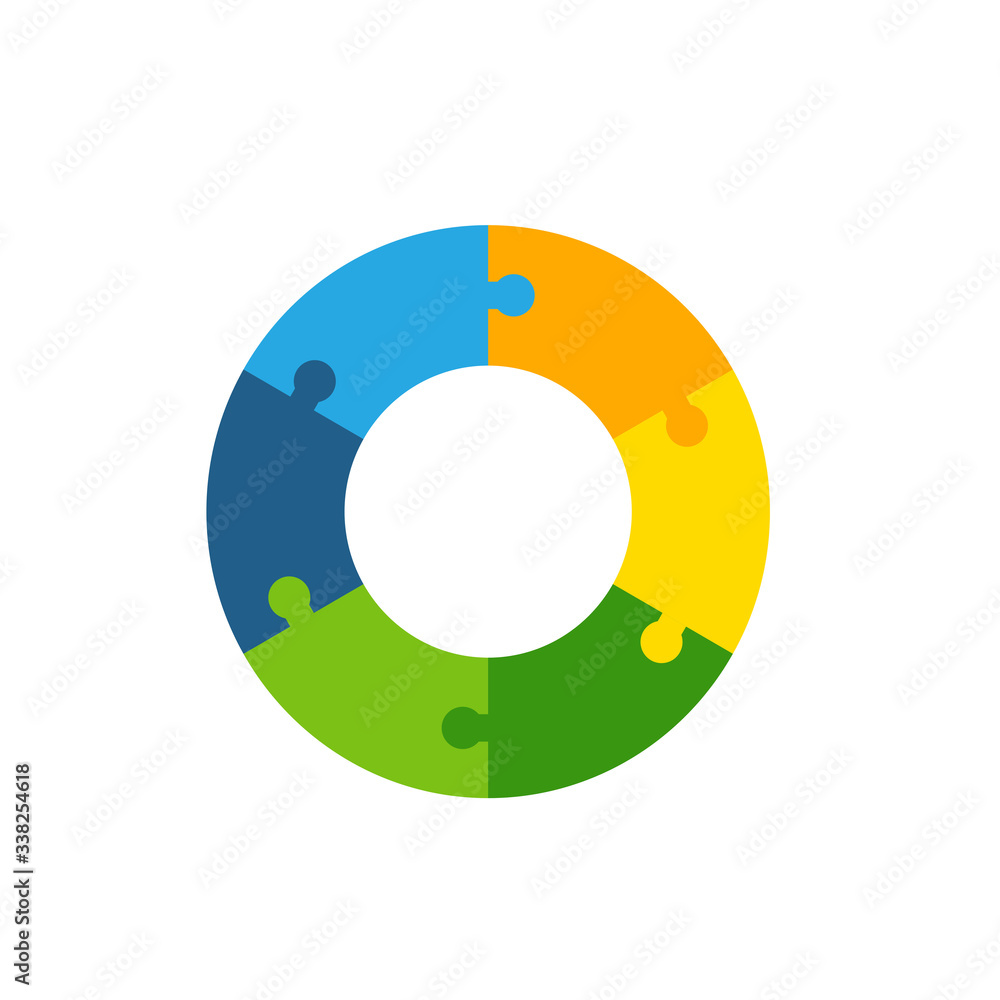 Poster multicolored icon of abstract circle shape with six puzzle elements
