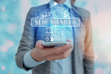 Conceptual hand writing showing Seo Result. Concept meaning the list created by search engines in...