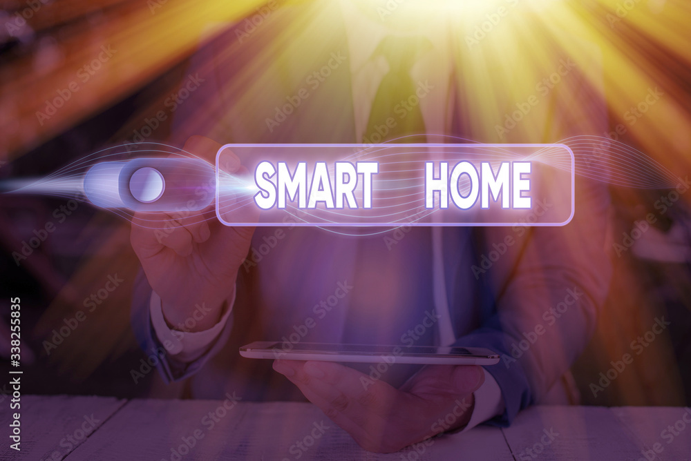 Poster writing note showing smart home. business concept for automation system control lighting climate ent