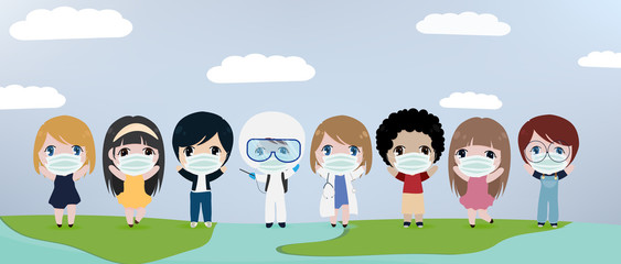 young people of the world wear mask for protection against corona virus covid-19 pandemic