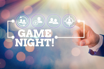 Word writing text Game Night. Business photo showcasing usually its called on adult play dates like...