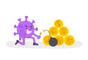 Coronavirus covid-19 economic crisis concept - evil virus blows up golden coins or money, corona pandemic and global financial situation in the world - flat cartoon character spot illustration vector