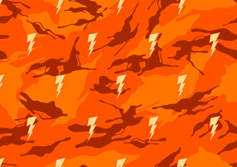 abstract thunderbolt and camouflage military pattern, skin texture red color, fashion fabric printing vector illustration.