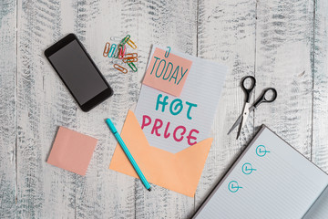 Text sign showing Hot Price. Business photo showcasing Buyer or seller can obtain something for a...