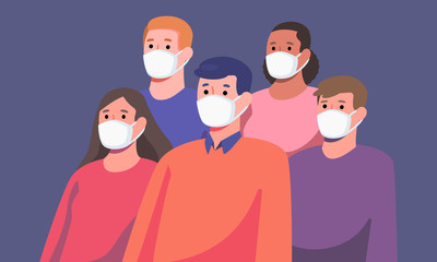 Group of diverse people wearing masks protection from disease or pollution, healthcare and hygiene concept, vector illustration flat design.