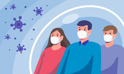 Group of diverse people wearing masks protection from disease and virus, healthcare and hygiene concept, vector illustration flat design.